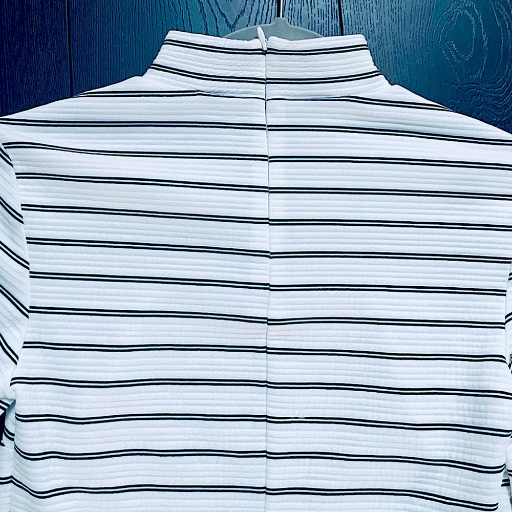 Dynamite White and Black Striped High Neck Puffed Sleeve Top